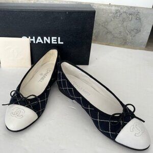 NEW CHANEL blue canvas and leather woven ballerina flats